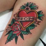 Shout out to Mom by Chris Fernandez #chrisfernandez #mom #heart #rose #flower #traditional #dotwork #color #valentine #leaves #banner #tattoooftheday
