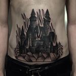 Burning Castle Tattoo by William Roos #bruningcastle #castle #blackwork #blackink #traditional #traditionalblackwork #classicblackwork #WilliamRoos