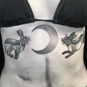 Rabbits and moon tattoo by Amy Victoria Savage #AmyVictoriaSavage #dotwork #animal #rabbit #moon