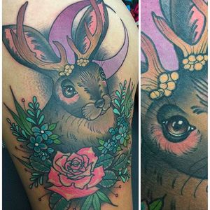 Strange yet awesome looking hare tattoo with antlers. Awesome work by Katie McGowan. #katiemcgowan #blackcobratattoo #coloredtattoo #hare #rabbit #antlers #rose
