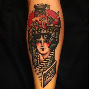 Demon, Fortress and Girl Tattoo by Rafa Decraneo @Rafadecraneo #Rafadecraneo #Traditional #Neotraditional #Girl #Lady #Woman #Spain #Truelovetattoo #Demon #Fortress