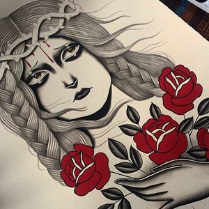 Crown of Thorns by Danielle Rose (via IG-daniellerosetattoo) #flashart #ladyheads #somber #flower #thorns #traditional #daniellerose