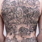 The Last Judgment by Michelangelo tattoo by Oozy #Oozy #favoritettattoo #linework #thelastjudgment #etching #woodblock @fineline #angel #epic #backpiece #clouds #religious #Michelangelo