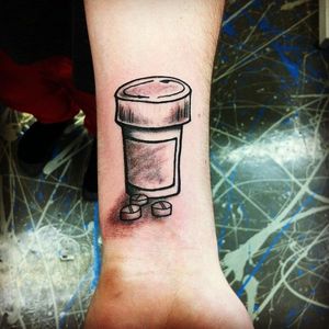 Shadow work on the pill tube. Tattoo by Iskotew Gladu #IskotewGladu #pilltattoo #pill #pills #glass #pillbottle