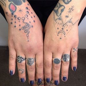 A lovely pair of Tati Compton's hand-poked wrist tattoos (IG—taticompton). #blacktattoo #handpoked #TatiCompton #wristtattoo