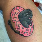 Pug donut tattoo by Christina Hock #ChristinaHock #donut #pug #dog #doughnut
