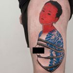 Shibari tattoo by Aleksy Marcinow #AleksyMarcinow #cooltattoos #color #portrait #newtraditional #illustrative #Japanese #mashup #Shibari #kinbaku #rope #tattooedgirl #lady #dragon #geisha #fire