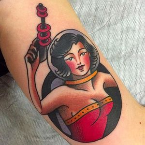 Space Girl Tattoo by La Dolores @LaDoloresTattoo #Ladolorestattoo #Traditional #Black #Red #Girl #Lady #Vintage #Madrid #Spain #Space