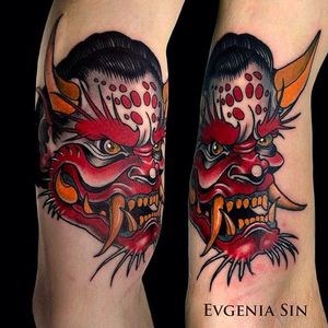 Unusual looking hannya done by Evgenia Sin. #EvgeniaSin #neotraditional #coloredtattoo #hannya