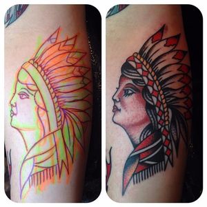Native Girl Tattoo by Max Kuhn #nativegirl #nativeamerican #freehand #freehandtraditional #traditional #drawnon #nostencil #oldschool #traditionalartist #MaxKuhn