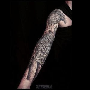 Geometric, dotwork sleeve by Guy Waisman.  #guywaisman #tattooartist #nyctattoo #lovehatesocialclub #sleeve #mandala