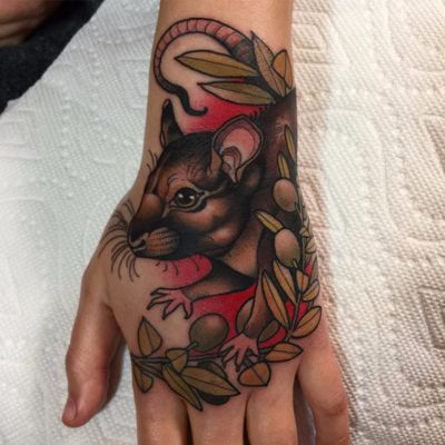 Rat by Matt Adamson #MattAdamson #color #neotraditional #rat #animal #petportrait #olives #olivebranch #nature #tattoooftheday