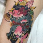 Tattoo by Wendy Pham #WendyPham #TaikoGallery #WenRamen #newtraditional #color #Japanese #mashup #bunny #rabbit #animal #fan #kimono #peony #carrot #pattern #pink