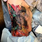 Watercolor tattoo depicting a dream the client had. By Brian Murphy. #abstract #watercolor #dream #skeleton #butterfly #BrianMurphy