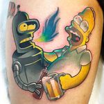 Hilarious tattoo of Bender and Homer. Respectively from Futurama and The Simpsons by Matt Groening. Tattoo done by Brandon Flores. #brandonflores #GROENING #bender #homer #simpsons #futurama