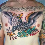 Clean and beautiful eagle chest tattoo done by Graham Beech. #GrahamBeech #NeoTraditional #AnimalTattoos #eagle #chesttattoo