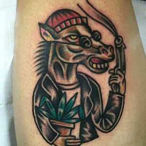 Gangster Donkey Tattoo by Jackpot Tattooer @Needles_Tattooing #JackpotTattooer #Needlestattooing #TheNeedles #Oddtattoos #Neotraditional #Oldschool #Traditional #Seoul #Korea #Donkey