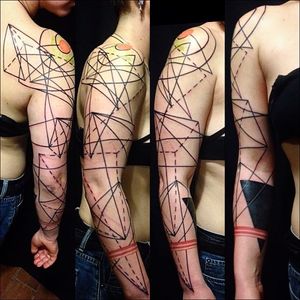 Super cool line work! Tattoo by Anich Andrew. #anichandrew #lines #sleeve #linework #geometry #geometric