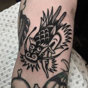 Dragon Tattoo by Mike Shaw #Blackwork #BlackworkTattoos #TraditionalBlackwork #BlackworkArtists #BlackInk #OldSchoolTattoos #TraditionalTattoos #MikeShaw