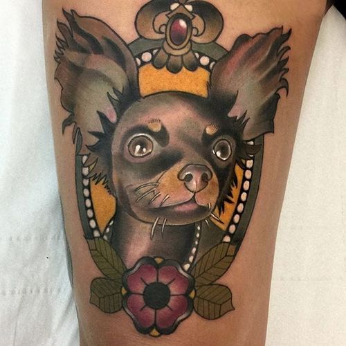 Regal AF chihuahua, by Roger Mares (via IG—mares_tattooist) #RogerMares #Animals #Neotraditional #Color
