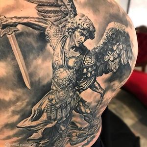 Tattoo by Jose Perez Jr #JosePerezJr #selftaughttattooartists #blackandgrey #realism #realistic #sculptural #sculpture #stmichael #archangel #angel #wings #sword #armor #warrior