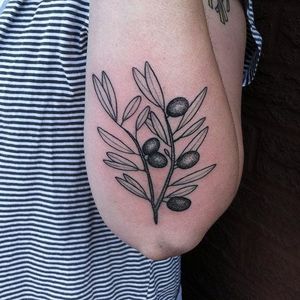Making peace with an olive branch tattoo. By Morgan Alynn. #blackwork #linework #dotwork #MorganAlynn #botanical #olive #olivebranch