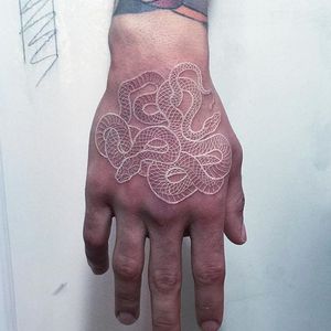 White ink tattoo by Mirko Sata. #MirkoSata #whiteink #serpent #snake