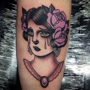 Sad girl tattoo by Danielle Rose #DanielleRose #ladyhead #traditional #sadgirl #tears #roses