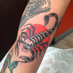 Dead scorpion by Paul Granger #PaulGranger #Grangertattoo #traditional #color #blackandgrey #scorpion #skull #death #insect #sun #tattoooftheday