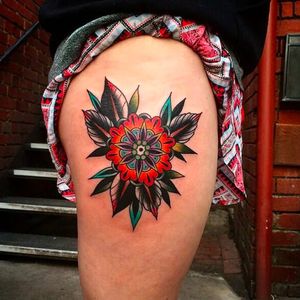 Flower mandala tattoo, photo from Good Luck Tattoo Facebook page. #flower #mandala #KirkJones #mandalatattoo #traditional