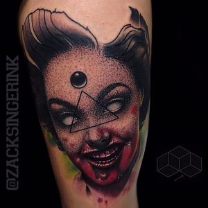 Trippy woman portrait tattoo by Zack Singer. #ZackSinger #gem #3d #hyperrealistic #trippy #mashup #portrait #woman #crystal #gore