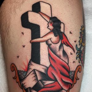 Holding onto faith. Tattoo by Andrew Vidakovich. #andrewvidakovich #sailortattoos #color #traditional #rockofages #angel #wings #lady #filigree #frame #ocean #sea #seascape #birds #sun #cross