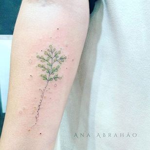 Fine line tattoo by Ana Abrahão. #AnaAbrahao #fineline #subtle #pastel #plant #script