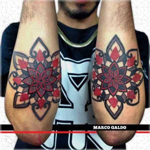 Geometric tattoo by Marco Galdo #mandala #MarcoGaldo #geometric #dotwork  #redink #geometry #red #black