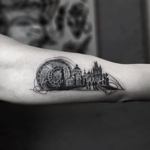 Charles Bridge tattoo by Serkan Demirboga #SerkanDemirboga #architecturetattoos #blackandgrey #realism #realisti #hyperrealism #surreal #clock #buildings #bridge #CzechRepublic #mashup #tattoooftheday