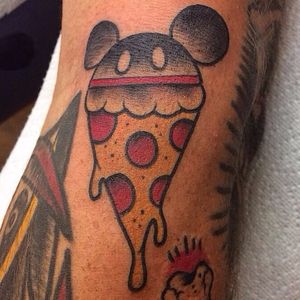 Disneyland tattoo by Alex Strangler. #disney #disneyland #castle #waltdisney #pizza #AlexStrangler