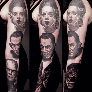 A sleeve full of all the classic icons of black and white horror flicks by Nikko Hurtado (IG—nikkohurtado). #BrideofFrankenstein #color #Dracula #Frankensteinsmonster #NikkoHurtado #portraiture #realism #Wolfman