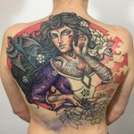 Backpiece cover up tattoo by Guen Douglas #GuenDouglas #coveruptattoos #wip #color #backpiece lady #tattooedlady #babe #swallow #bird #peony #snake #flowers #clouds #cherryblossoms #tattoooftheday