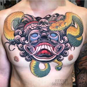 A bold and colorful chest peice by Henrik Grysbjerg. (Via IG - henriktattoo)