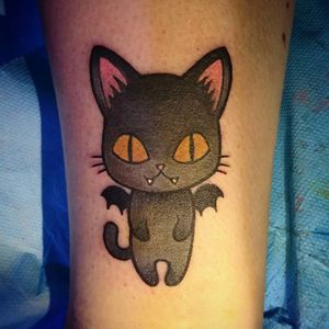Cat tattoo by Kim Ai #KimAi #kawaii #japaneseanimation #anime #chibi #newschool #cartoon #japaneseculture #japaneseart #cat #bat