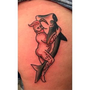 Big boy pin up tattoo by Jamie August. #JamieAugust #pinup #bigboypinup #man #pinupman #shark #trad #traditional #traditionalamerican