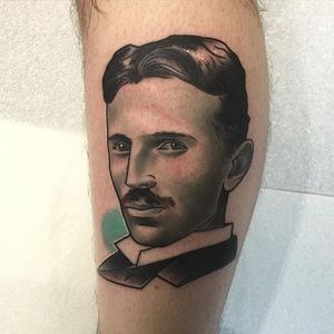 Nikola Tesla Tattoo by Brenden Jones #NikolaTesla #NeoTraditional #NeoTraditionalPortrait #Portrait #PopCulture #BrendenJones