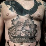 Where my heart lays to rest. Tattoo by Pietro Sedda #pietrosedda #sailortattoos #blackandgrey #clouds #ship #boat #ocean #sea #seascape #sails #waves #whale #animal #oceanlife #anchors #illustrative