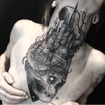 Skull castle tattoo by Leny Tusfey #LenyTusfey #darkarttattoos #blackandgrey #Linework #dotwork #castle #architecture #building #moon #stars #skull #death #bones #centipede #galaxy #space #surreal #tattoooftheday