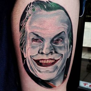Jack Nicholson Joker Tattoo by Christopher Bettley #Joker #Portrait #PortraitTattoos #ColorPortraits #PortraitRealism #ChristopherBettley
