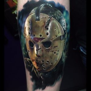 Super realistic Jason by @paulackertattoo #PaulAcker #horror #jasonvoorhees #fridaythe13th #scary