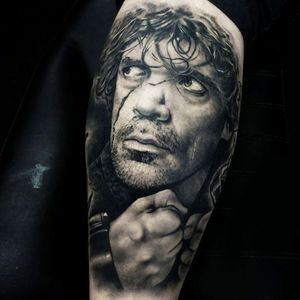 Realistic Black and Gray Tyrion Lannister Tattoo by Rob Richardson #RobRichardson #Tyrion #Lannister #TyrionLannister #TyrionTattoo #TyrionLannisterTattoo #PeterDinklage #Portrait #GameofThrones
