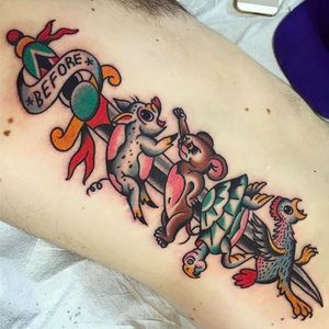 Cute Dagger with animals tattoo by Gregory Whitehead @Greggletron #GregoryWhitehead #Gregorywhiteheadtattoo #Oddtattoos #Neotraditional #Neotraditionaltattoo #ScapegoatTattoo #Portland #Dagger #Animaltattoo