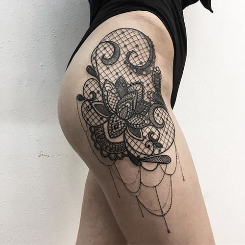Lacy lotus flower tattoo by Vlada Shevchenko. #VladaShevchenko #blackwork #feminine #women #floral #flower #lace #lacy #lotus #jewel