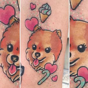 Sweet as candy cartoon pomeranian tattoo by @tattoosbymeri. #dog #pomeranian #cartoon #ute #pastel #candy #tattoosbymeri